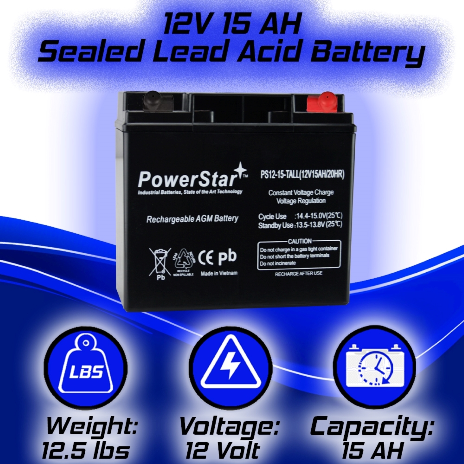 PowerStar 12V 15Ah Wheelchair Mobility Scooter Battery Replaces 17Ah-2YR Warran 2