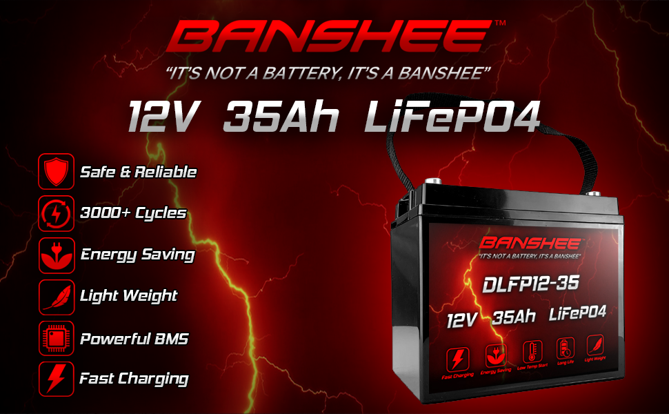 Banshee 12V 35Ah LiFePO4 Lithium Battery, 2000+ Deep Cycles, Smart BMS 2Pack