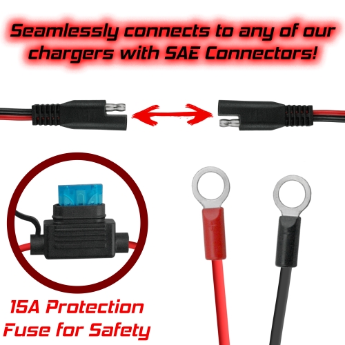 SAE Connector to O Rings, with 15A Protection Fuse for Safety, 2-Pin Quick Disconnect Plug, 17 Inches (1.42 Feet) 