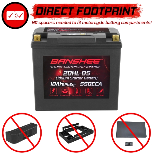 12V 18Ah (PbEq) 550CCA LiFePO4 Lithium Motorcycle Battery, Replaces YTX20HL-BS & YTX20L-BS