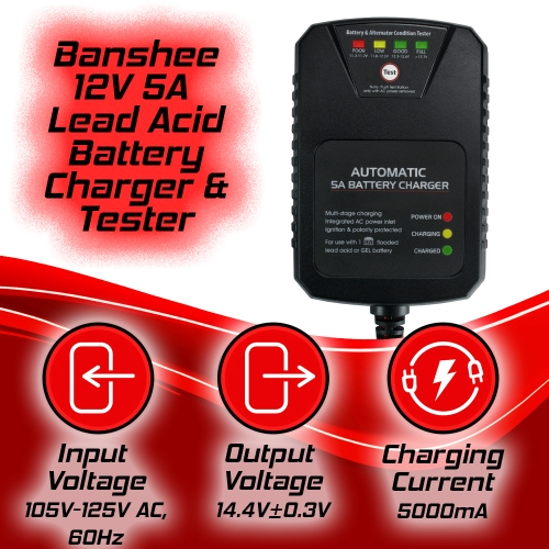 Banshee 5 Amp Battery Charger, 12V Battery Charger Automotive Maintainer / Charger for Lead-Acid, Car Battery Charger for Car Motorcycle ATV Lawn Mower